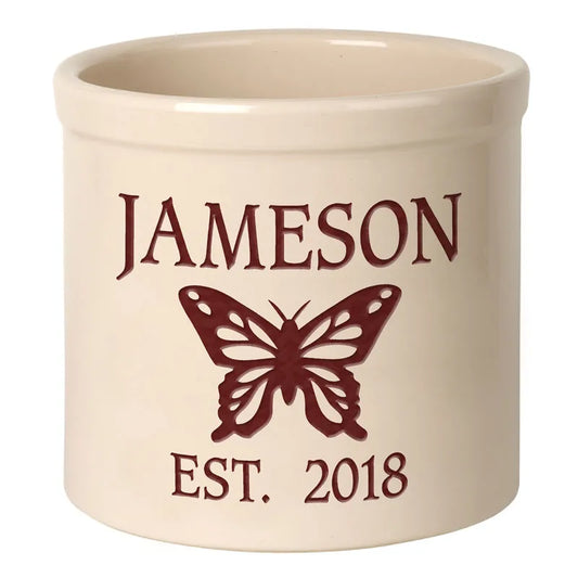 Whitehall Products Personalized Butterfly 2 Gallon Stoneware Crock Two Lines Black