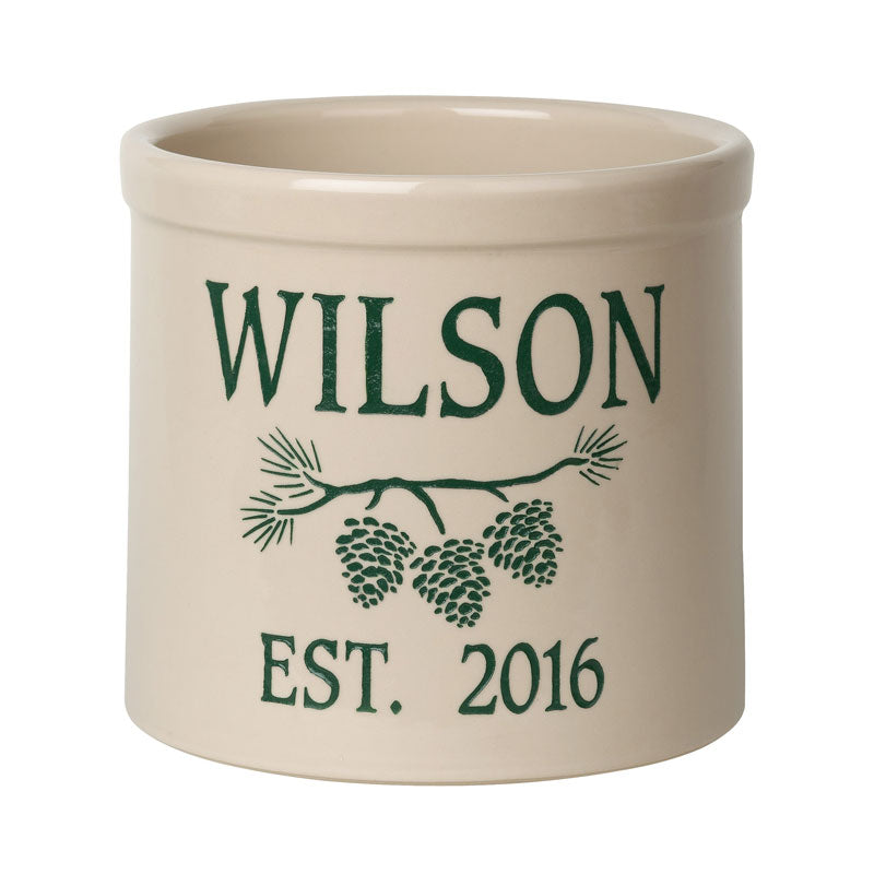 Whitehall Products Personalized Pine Bough 2 Gallon Stoneware Crock Two Lines 