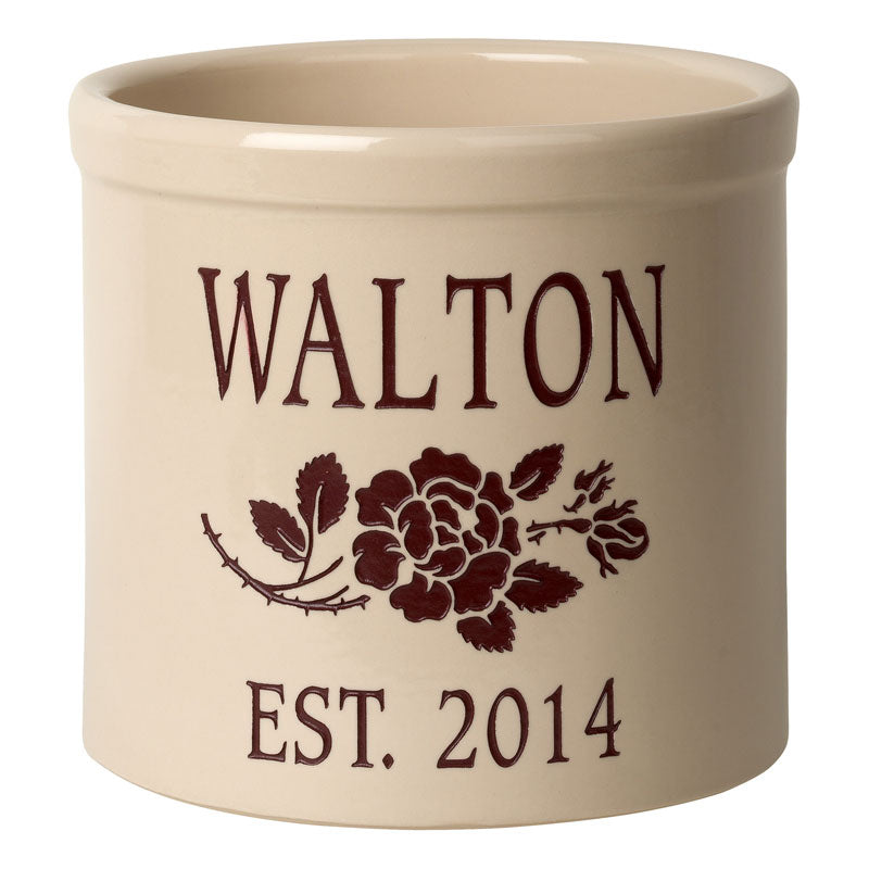 Whitehall Products Personalized Rose Stem Established 2 Gallon Stoneware Crock Two Lines 