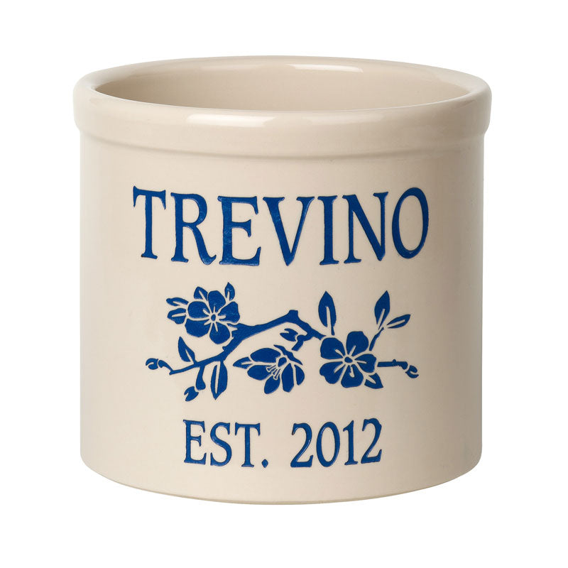 Whitehall Products Personalized Dogwood Branch Established 2 Gallon Stoneware Crock Two Lines 