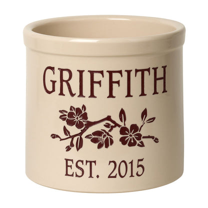 Whitehall Products Personalized Dogwood Branch Established 2 Gallon Stoneware Crock Two Lines 