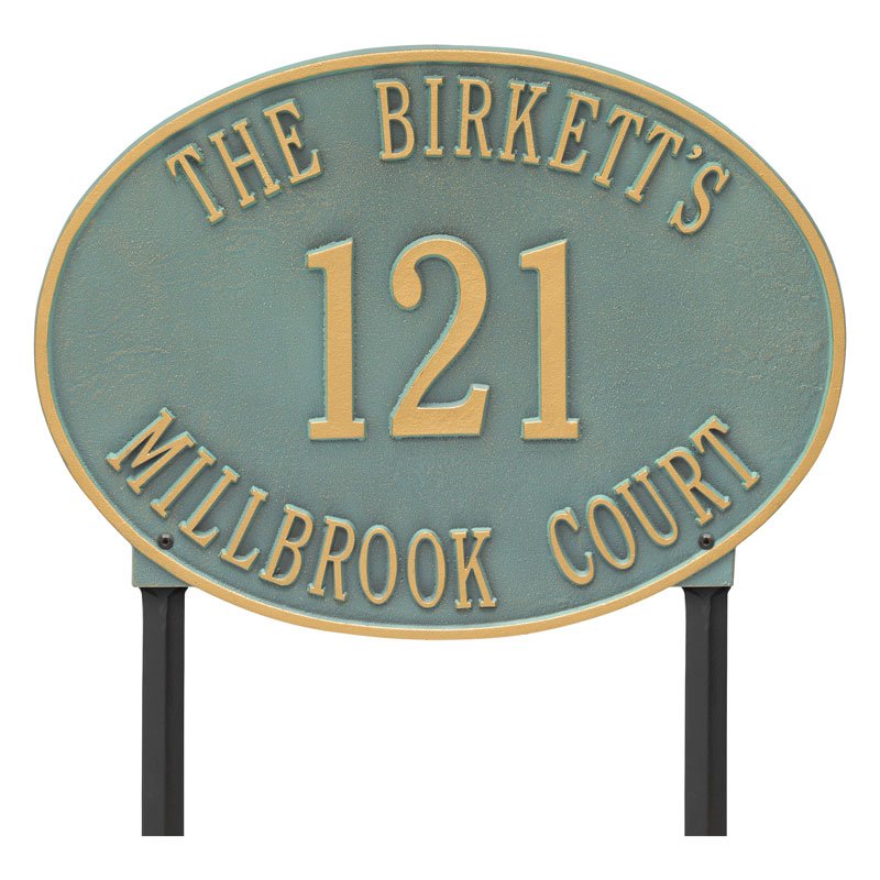 Whitehall Products Large Hawthorne Oval Personalized Lawn Plaque Three Lines Bronze Verdigris