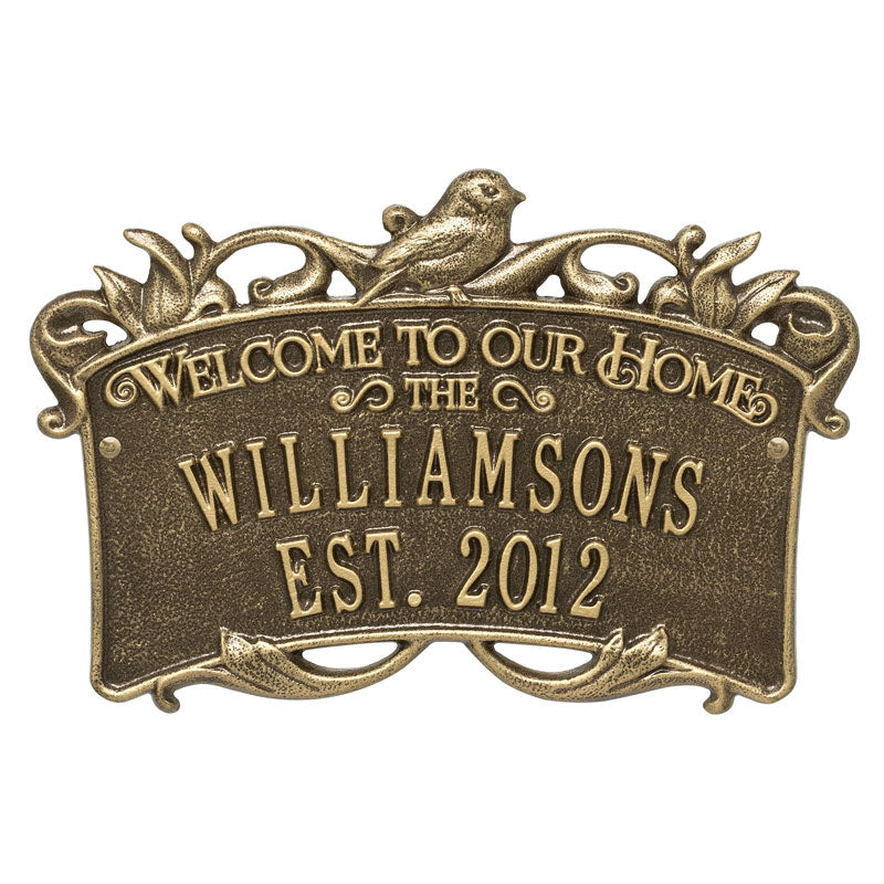 Whitehall Products Songbird Welcome Anniversary Personalized Plaque Two Lines Antique Brass