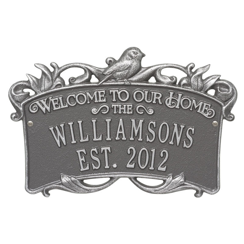 Whitehall Products Songbird Welcome Anniversary Personalized Plaque Two Lines Pewter / Silver