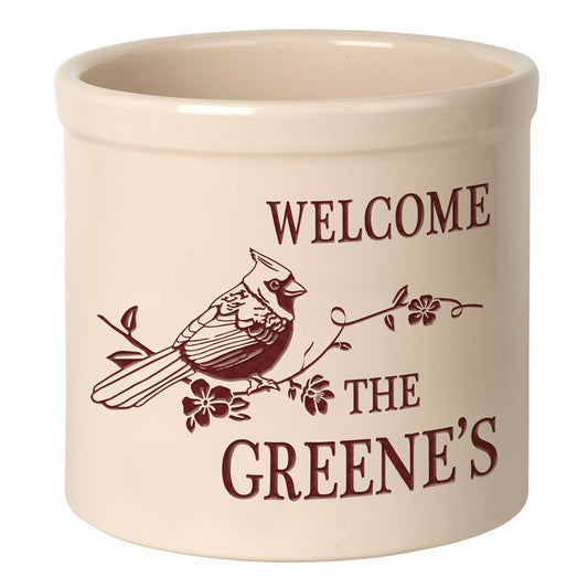 Whitehall Products Personalized Perched Cardinal Welcome 2 Gallon Stoneware Crock Default Title