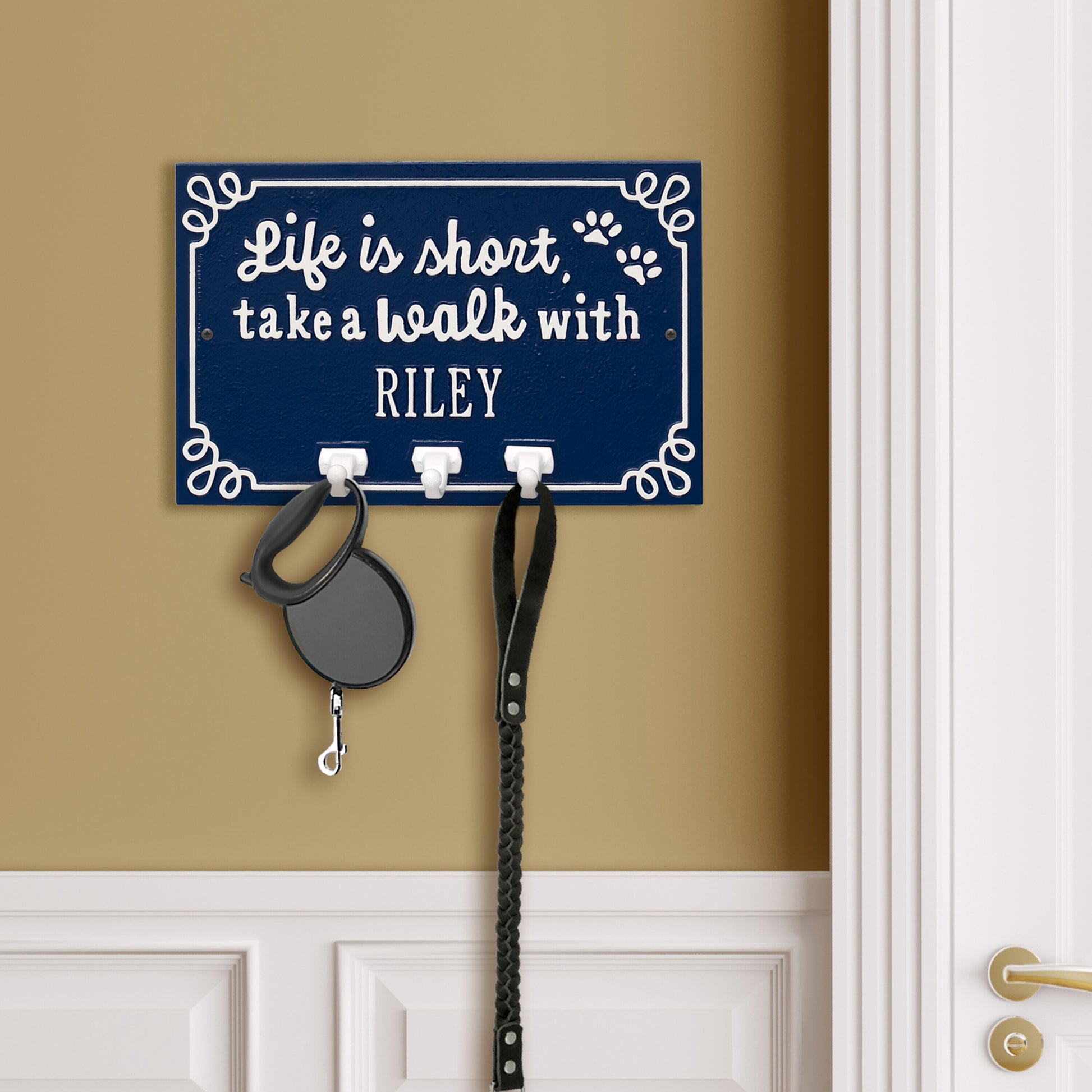 Whitehall Products Life Is Short Take A Walk Personalized Wall Sign With Leash Hooks One Line Black/white