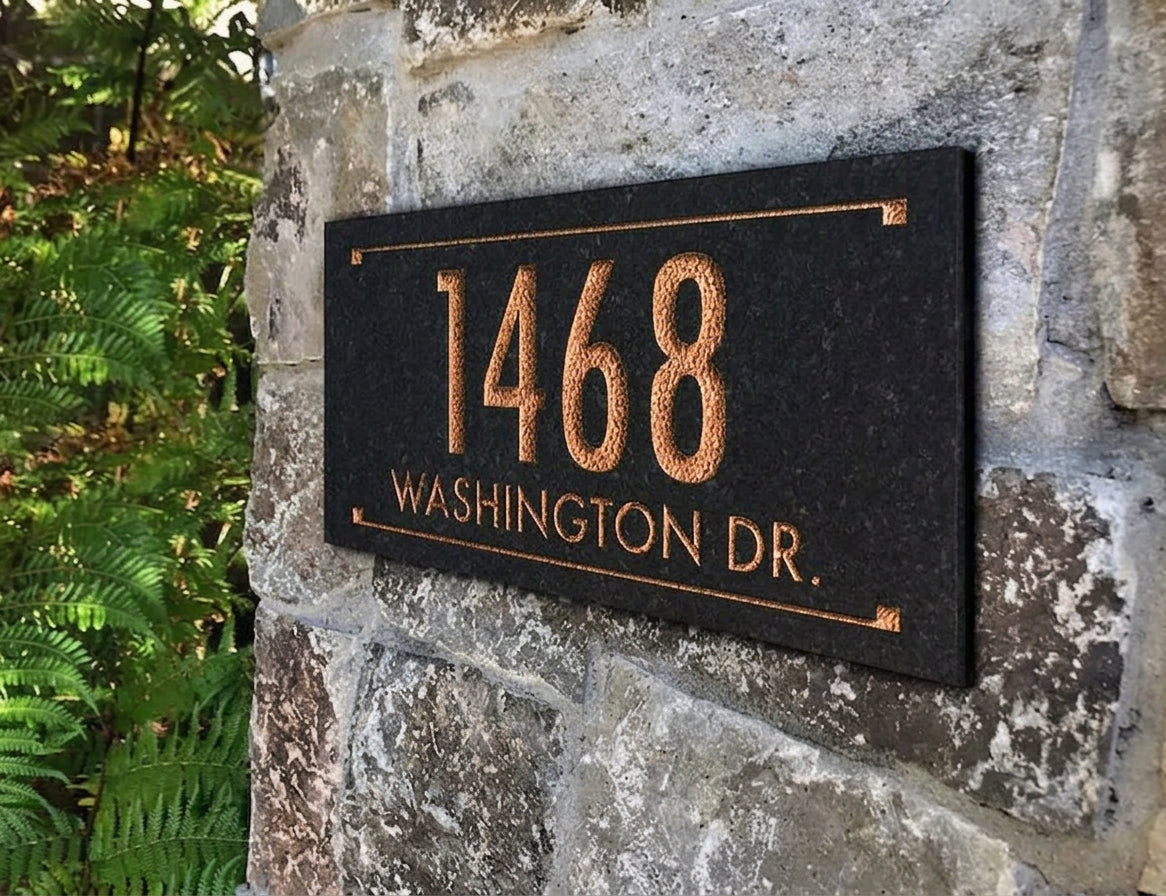 Black Granite Rectangle Futura Engraved Address Sign - 12" x 6" Wall Two Line