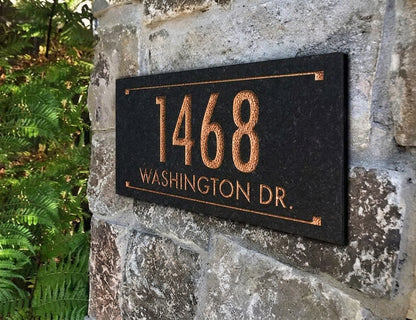 Black Granite Rectangle Futura Engraved Address Sign - 12" x 6" Wall Two Line