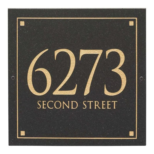 Black Granite Square Trajan Engraved Address Sign -  12" x 12" Wall Two Line