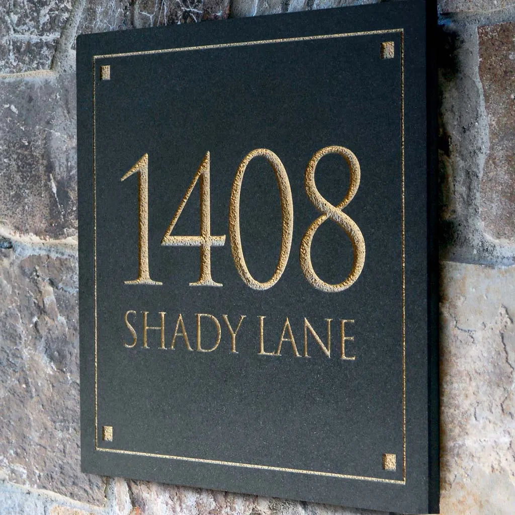 Black Granite Square Trajan Engraved Address Sign -  12" x 12" Wall Two Line