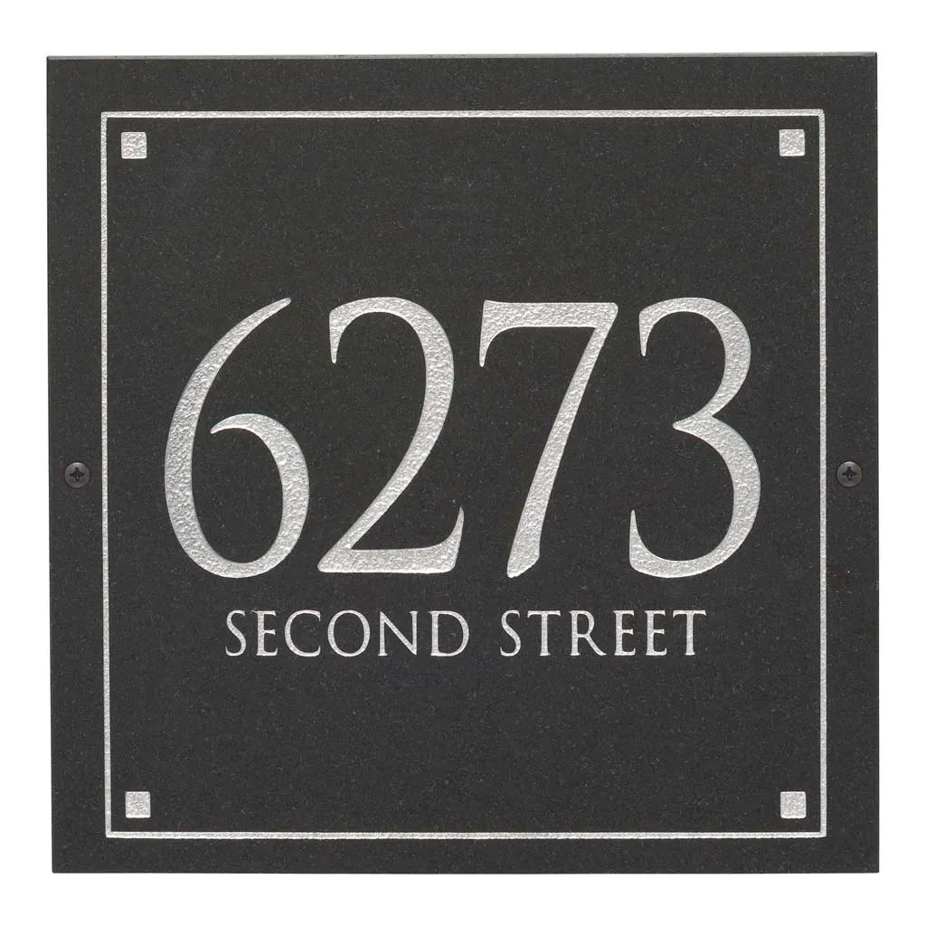 Black Granite Square Trajan Engraved Address Sign -  12" x 12" Wall Two Line