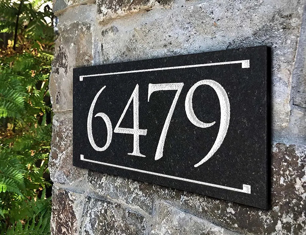 Black Granite Rectangle Trajan Engraved Address Sign - 12" x 6" Wall One Line
