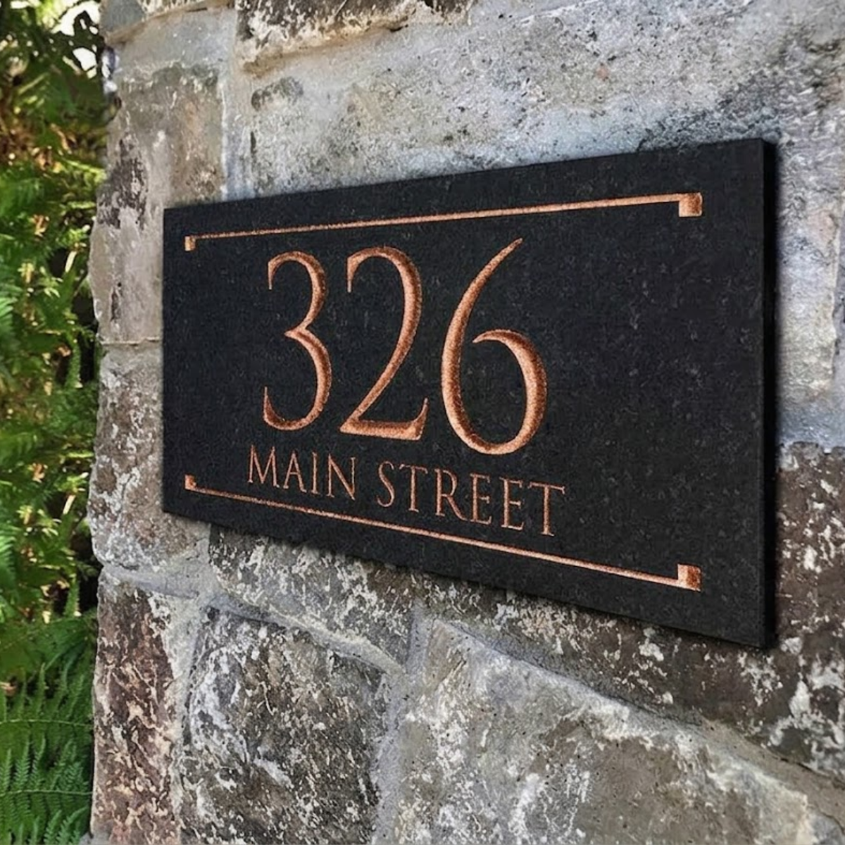 Black Granite Rectangle Trajan Engraved Address Sign - 12" x 6" Wall Two Line