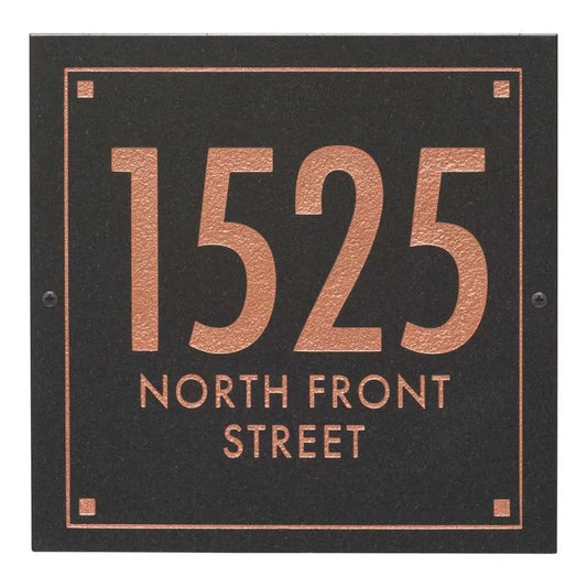 Black Granite Square Futura Engraved Address Sign - 12" x 12" Wall Three Line