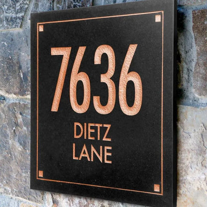 Black Granite Square Futura Engraved Address Sign - 12" x 12" Wall Three Line