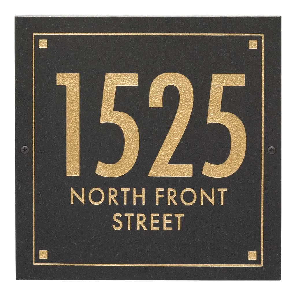 Black Granite Square Futura Engraved Address Sign - 12" x 12" Wall Three Line