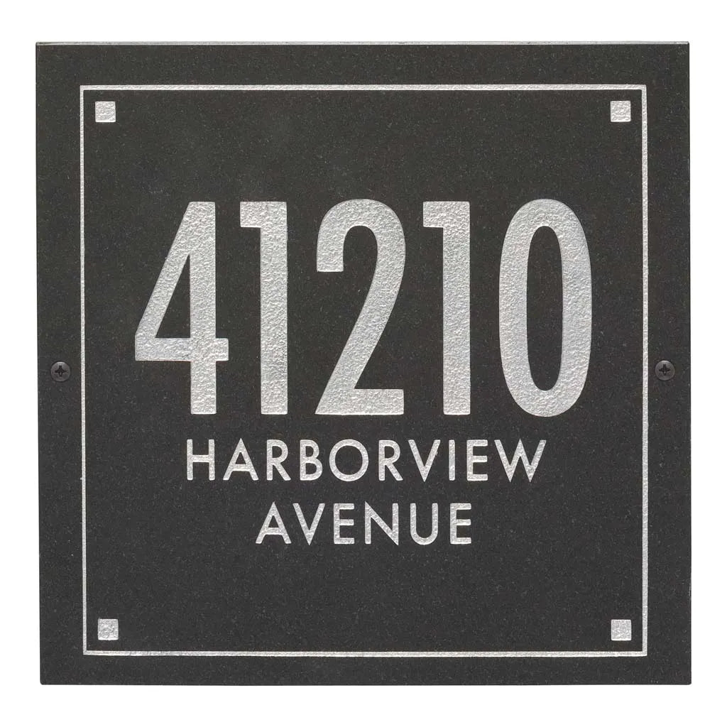 Black Granite Square Futura Engraved Address Sign - 12" x 12" Wall Three Line
