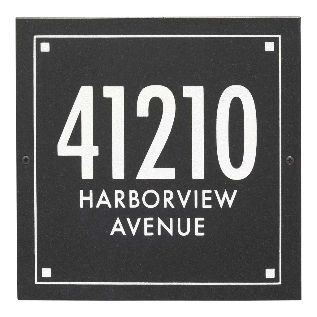 Black Granite Square Futura Engraved Address Sign - 12" x 12" Wall Three Line