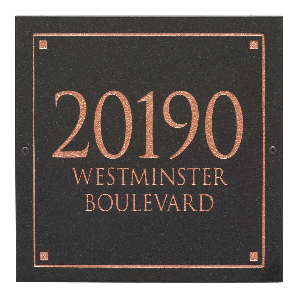 Black Granite Square Trajan Engraved Address Sign - 12" x 12" Wall Three Line