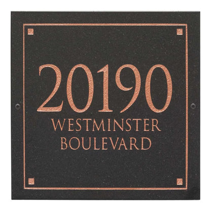 Black Granite Square Trajan Engraved Address Sign - 12" x 12" Wall Three Line
