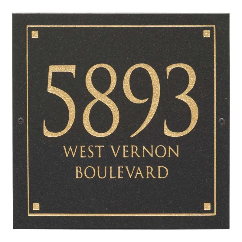 Black Granite Square Trajan Engraved Address Sign - 12" x 12" Wall Three Line