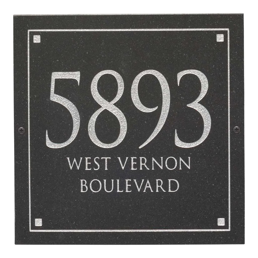 Black Granite Square Trajan Engraved Address Sign - 12" x 12" Wall Three Line