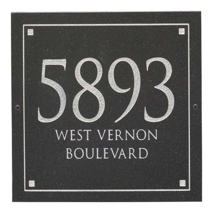 Black Granite Square Trajan Engraved Address Sign - 12" x 12" Wall Three Line