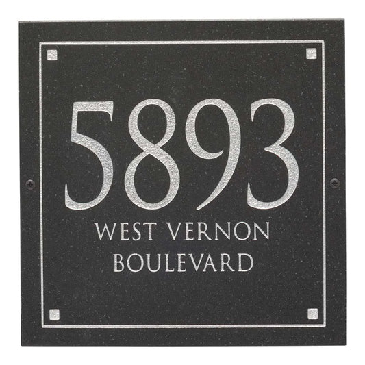 Black Granite Square Trajan Engraved Address Sign - 12" x 12" Wall Three Line