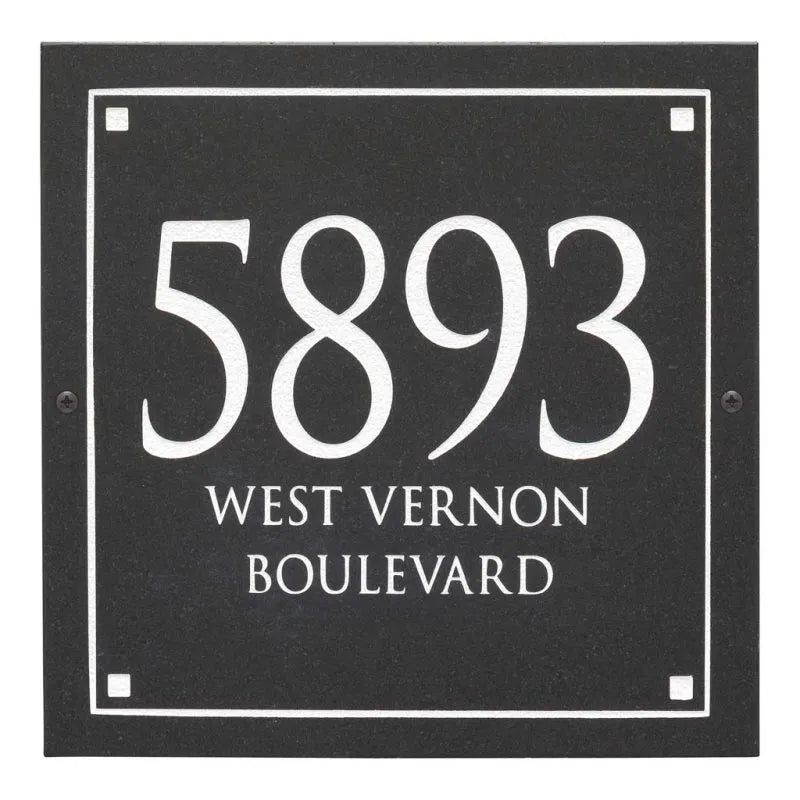 Black Granite Square Trajan Engraved Address Sign - 12" x 12" Wall Three Line