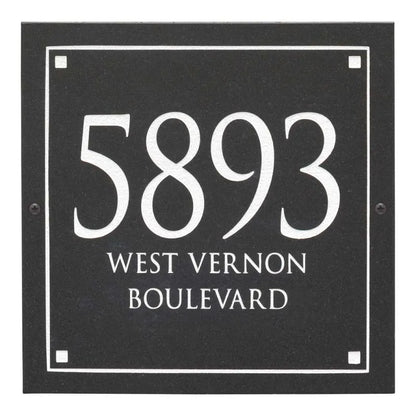 Black Granite Square Trajan Engraved Address Sign - 12" x 12" Wall Three Line