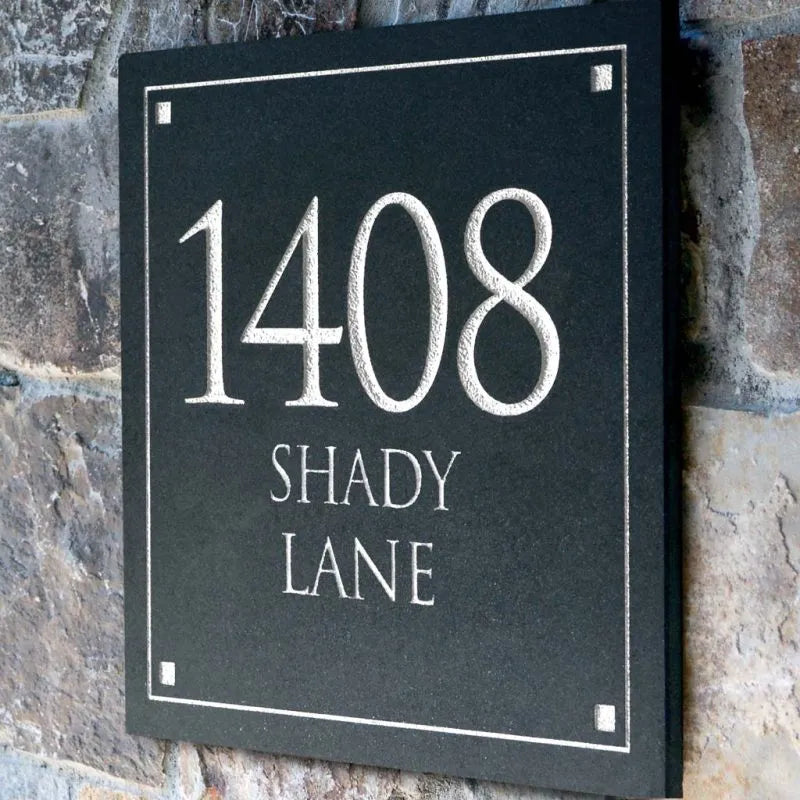 Black Granite Square Trajan Engraved Address Sign - 12" x 12" Wall Three Line