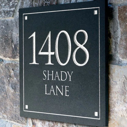 Black Granite Square Trajan Engraved Address Sign - 12" x 12" Wall Three Line
