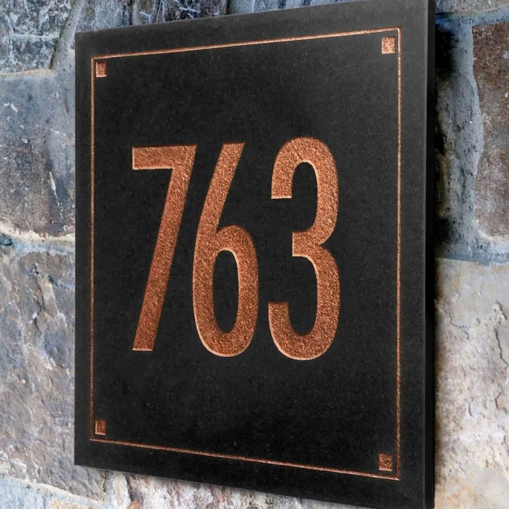 Black Granite Square Futura Engraved Address Sign - 12" x 12" One Line