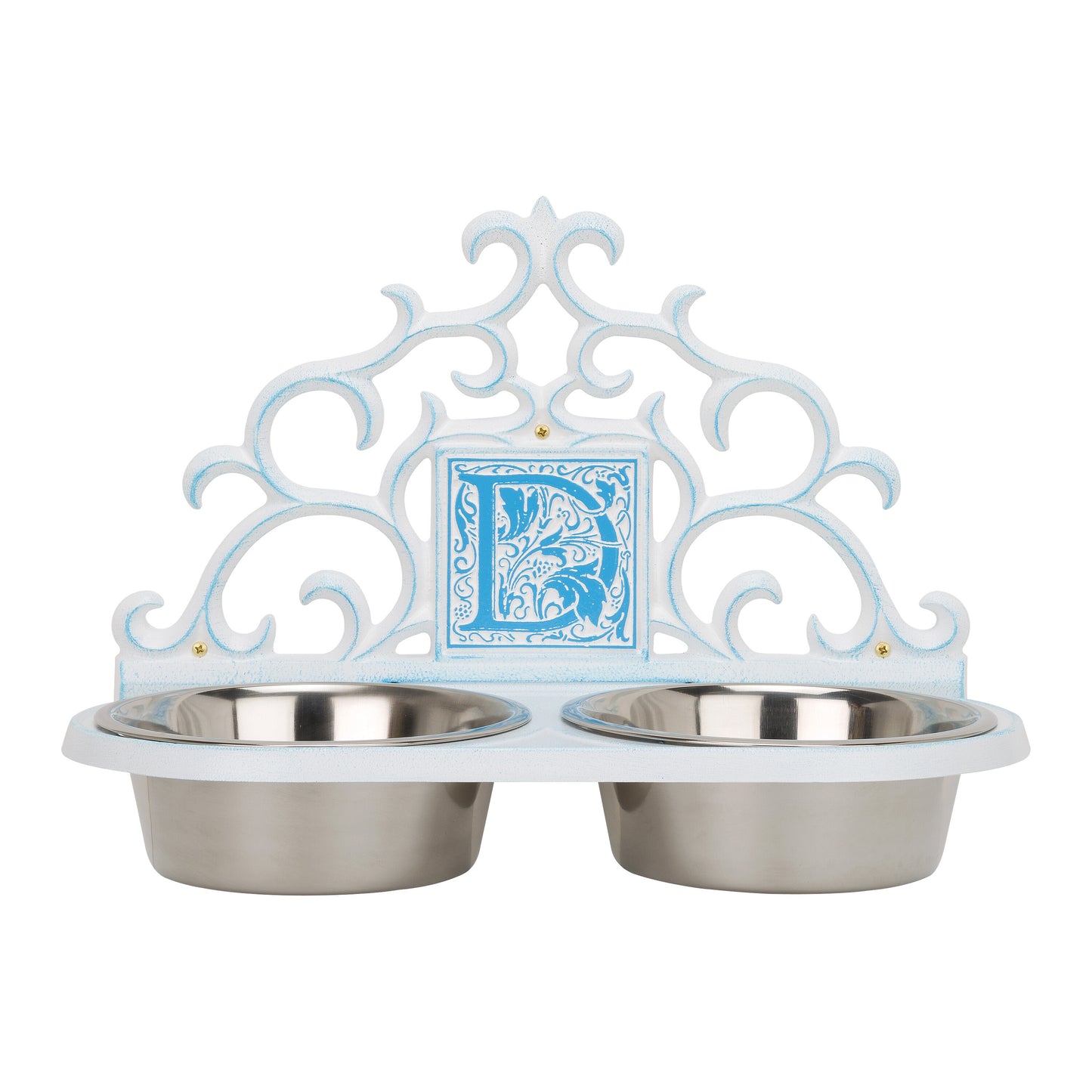 Whitehall Products Monogram Wall Pet Bowl Feeder One Line Pewter/silver