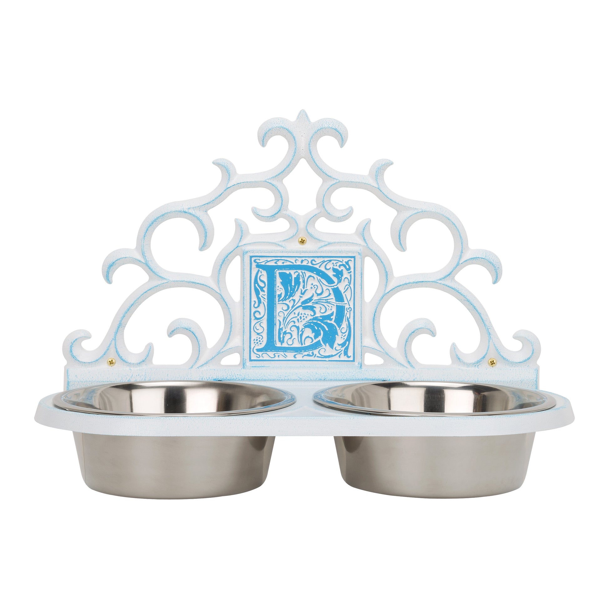 Whitehall Products Monogram Wall Pet Bowl Feeder One Line Pewter/silver