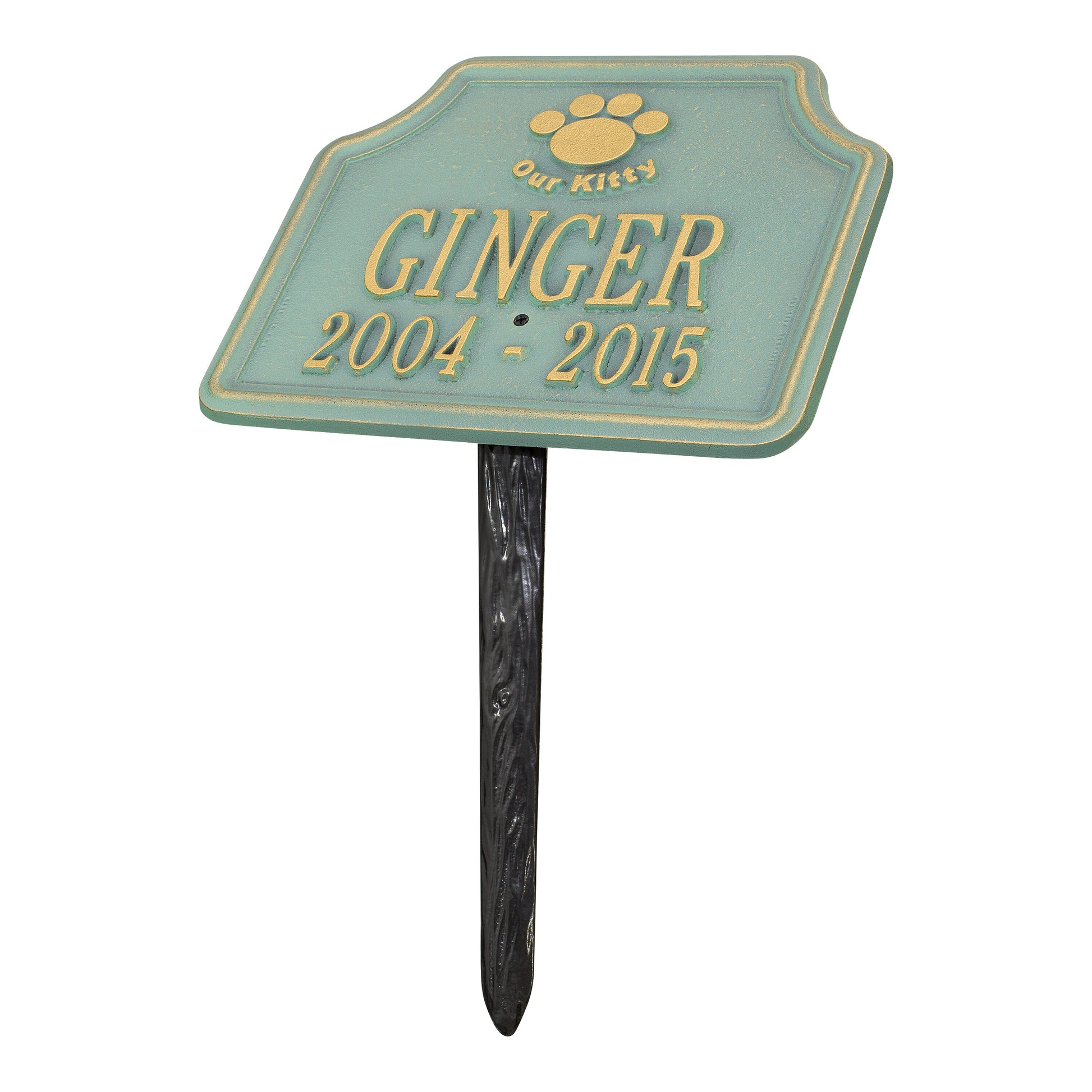 Whitehall Products Our Kitty Cat Memorial Personalized Lawn Plaque Two Lines Green/gold