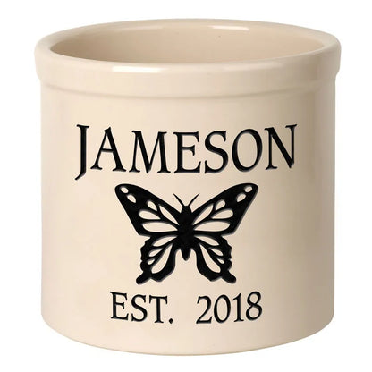 Whitehall Products Personalized Butterfly 2 Gallon Stoneware Crock Two Lines Red