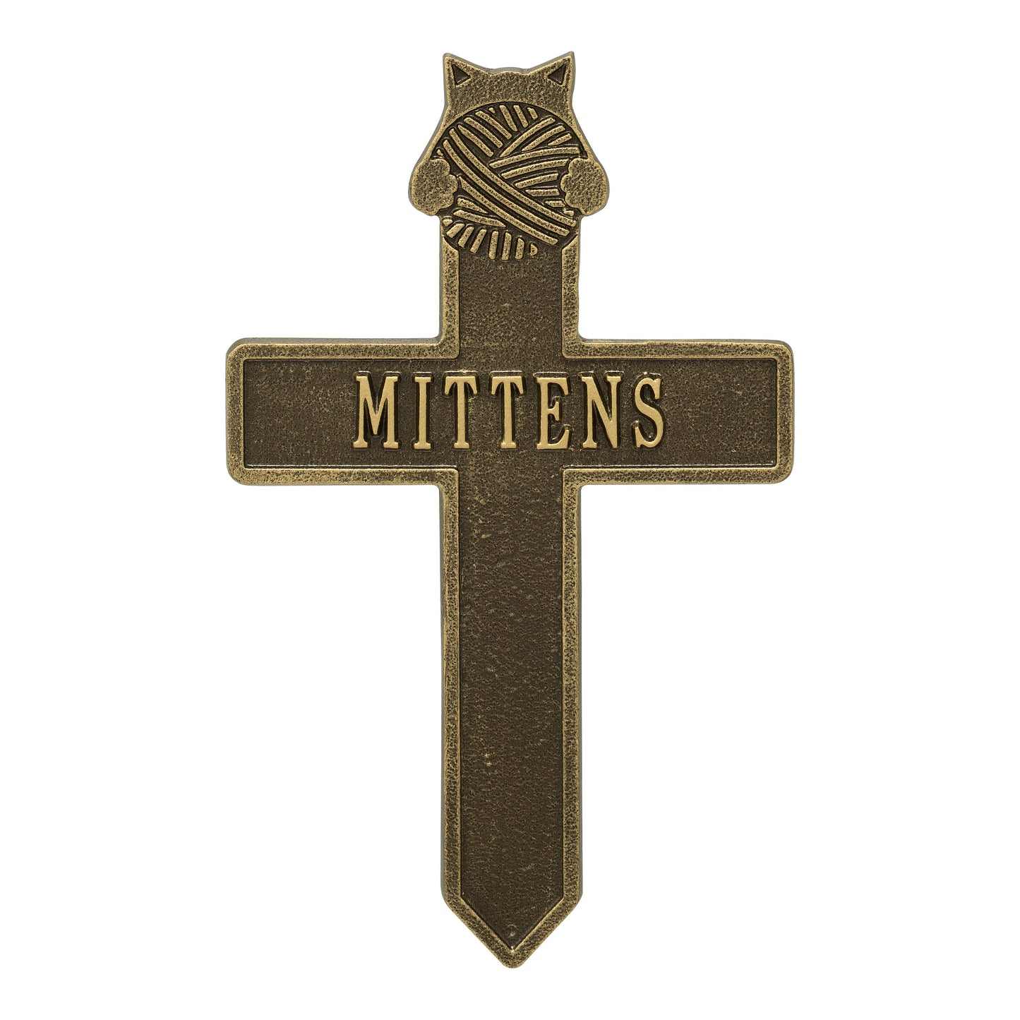 Whitehall Products Kitten With Yarn Personalized Memorial Cross One Line Bronze Verdigris